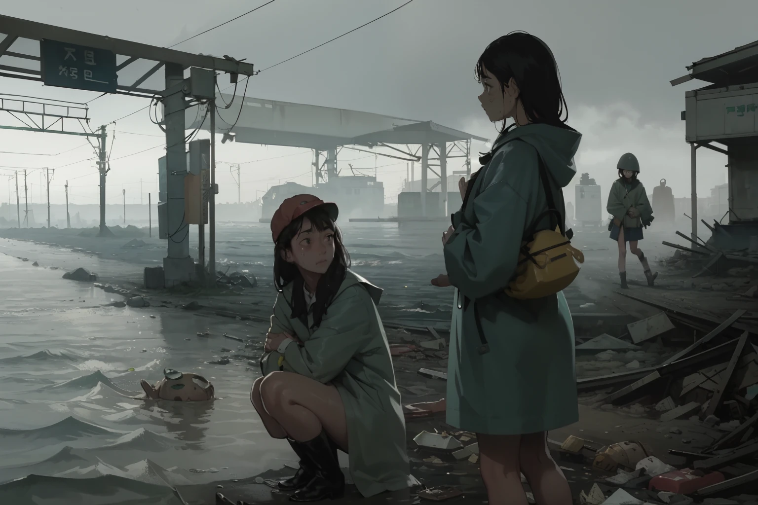 masterpiece, best quality, 2girls, (closeup), 18yo teen, slim, small breast, side view, walk knee-deep in water, sad, tired, dirty face, green raincoat, goggles on head, (backpacks), heavy rain, downpour, flood, wasteland, train station, industrial ruins, grey, desolate, rain, dark, watercolor, analog