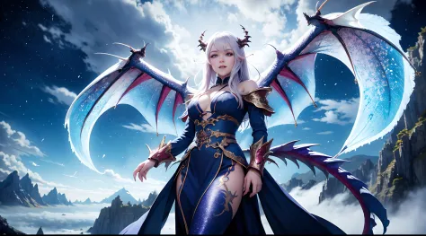 dragon girl, standing in the middle of the mountains, in a fantasy world, anime style,floating clouds,breathtaking scenery,dynam...