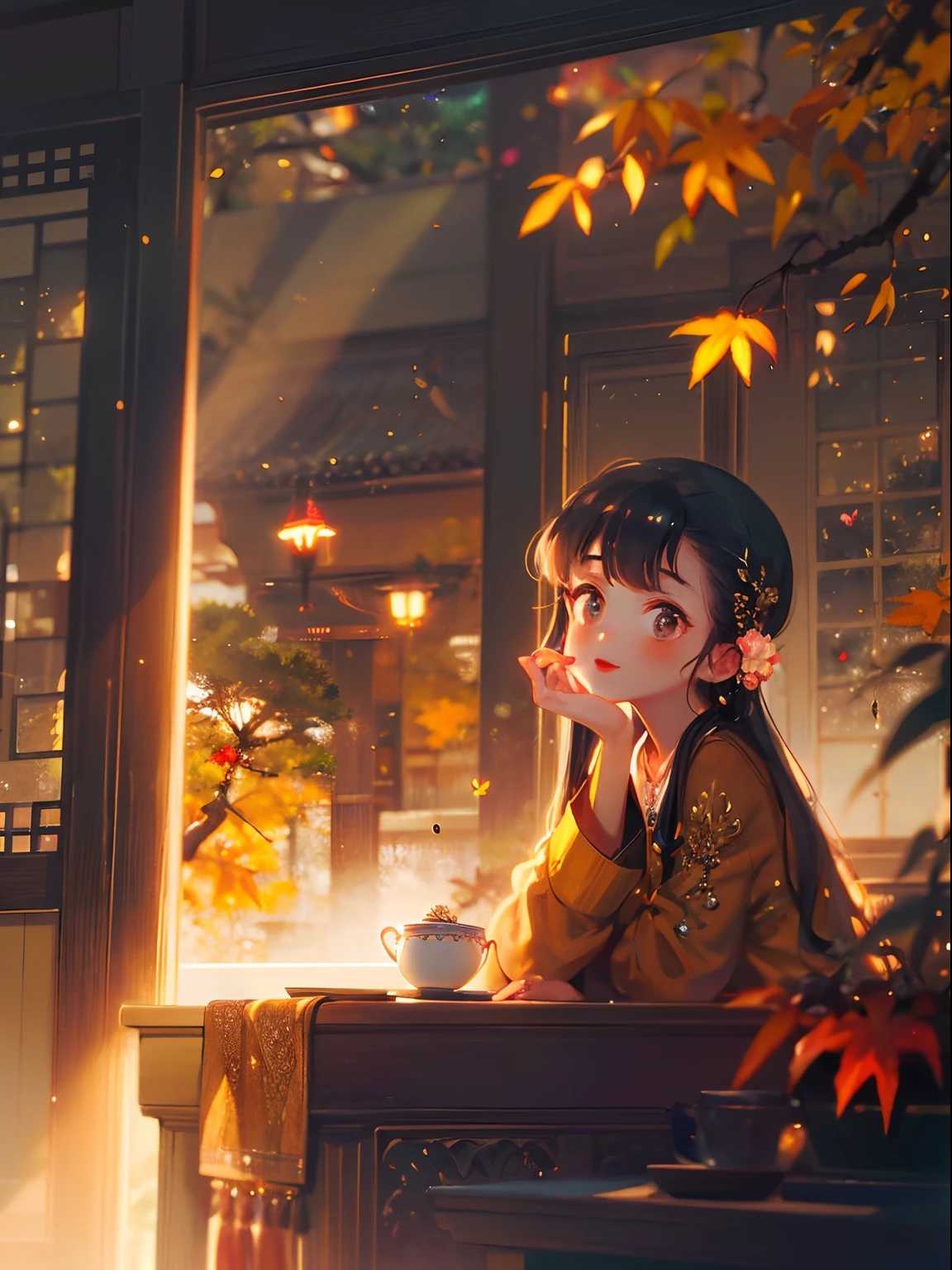 masterpiece, best quality, extremely detailed, detailed background, detailed face, 1woman, adult, solo, black hair, blush, long hair, scenery, atmospheric lighting, light rays, bokeh, depth of field, sparkle, red lips, child,  branch, flower, jewelry, light smile, wide sleeves, glowing, autumn, tree, , table, outdoors, plant, sliding doors, east asian architecture, falling leaves