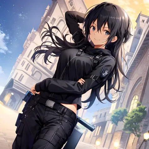 1girl, girl, female kirito, looking at viewer, standing, cowboy shot, full body, pants, black clothing, smiling, ultra-detailed,...