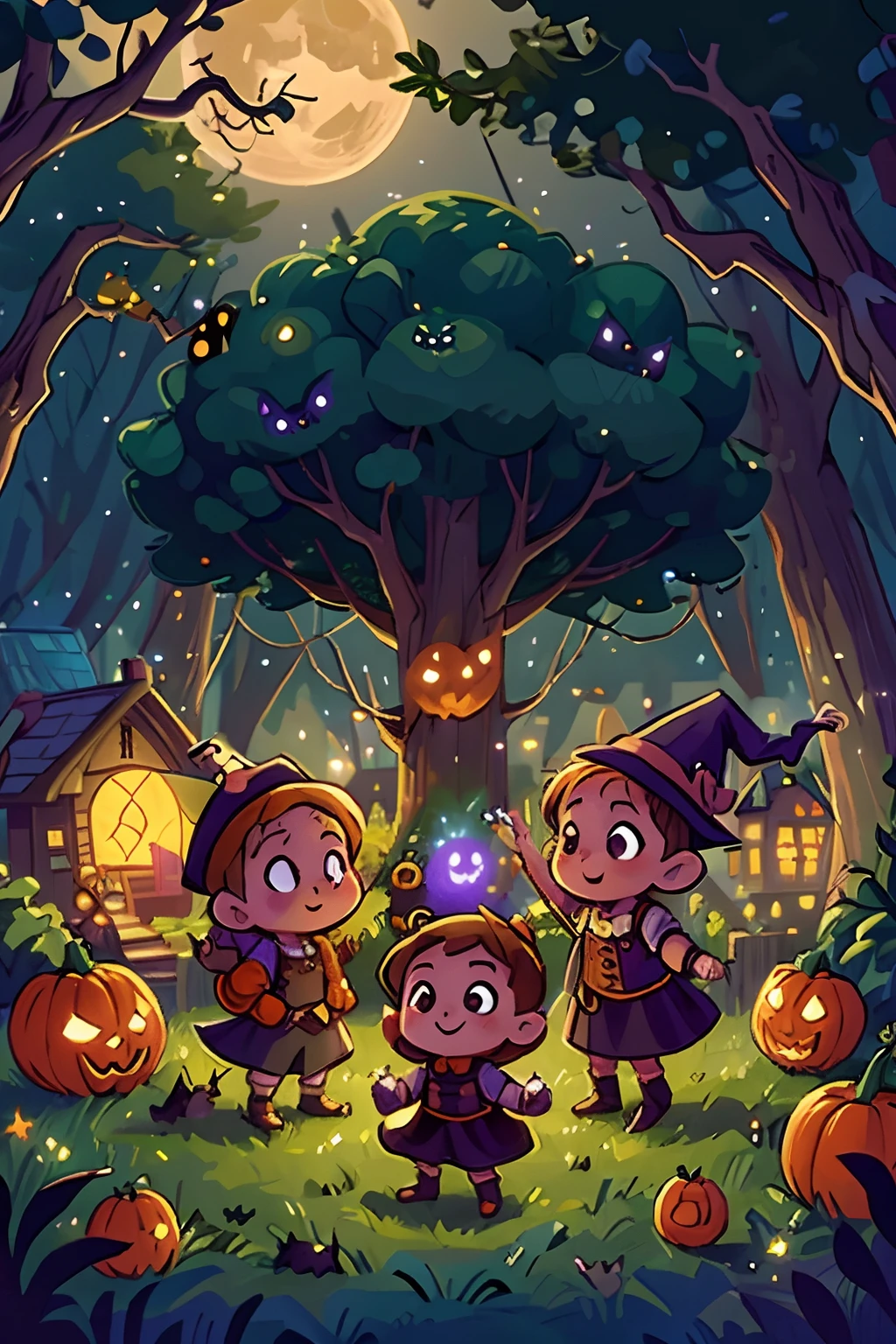 draw a group of very cute young witches and some cute gnomes dancing around some Halloween pumpkins. Starry night, huge full moon, happy characters. Lights of a small village at night, bats and owls and trees