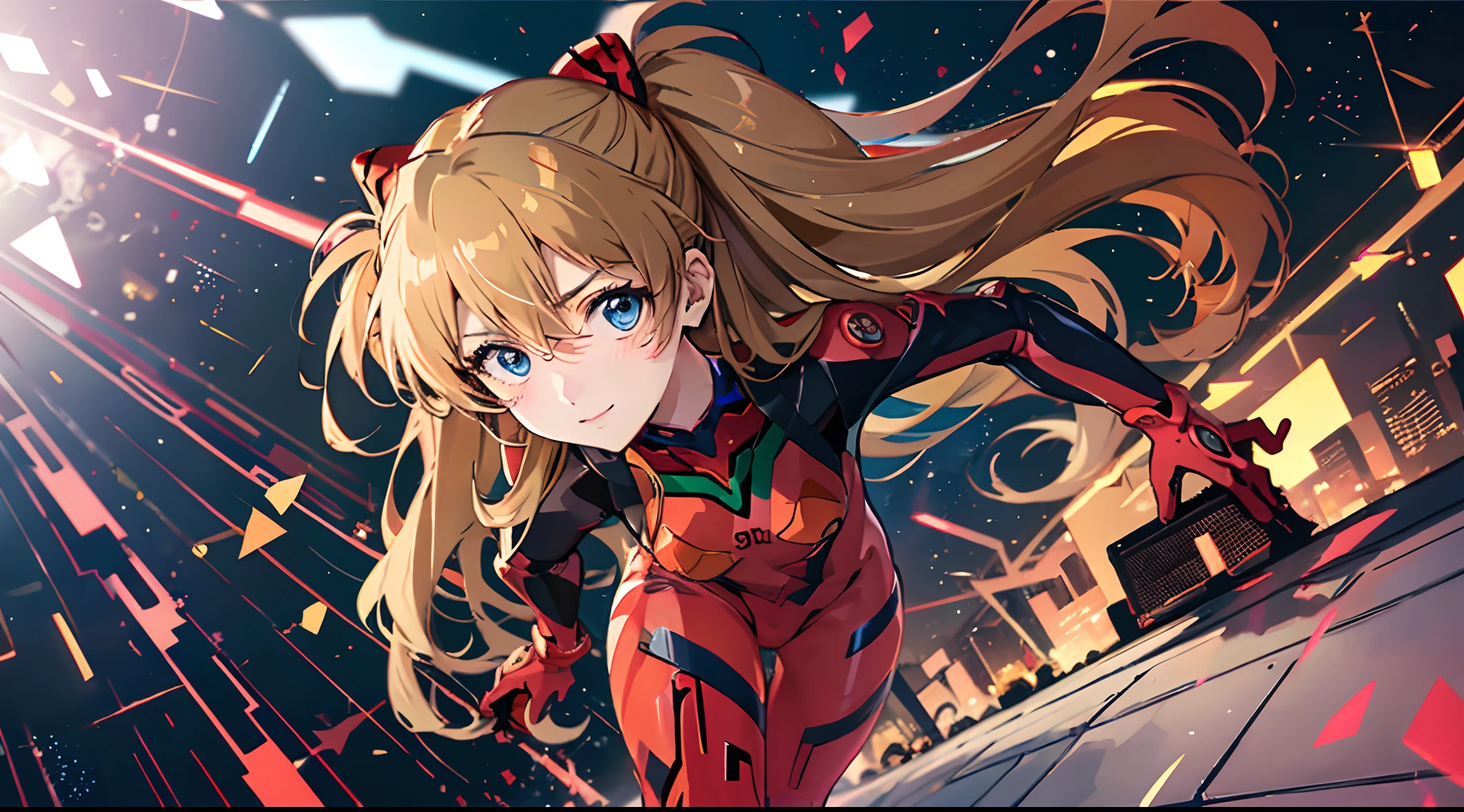 Shikiha Asuka Langre, Asuka, Evangelion, Her hair is a long double blonde ponytail, vestindo um traje de combate de piloto de EVA vermelho completo, high heels on her feet, menina tsundere, Delgado, juvenil, com olhos azuis celestes amendoados, long eyeslashes, bright lips, tsundere and playful expression, retrato de corpo inteiro, bobeles de cabelo, long eyeslashes, sorriso claro, orelha blush, aperto, cabelo loiro,  Caudas duplas, heart-shaped shaped pupils, surrealismo, sombra projetada, Estereograma, Tachi-E, Pov, atmosphric perspective, Futurismo, Estilo anime, cinematic lighthing, brilho, ray tracing, sombra projetada, linhas de velocidade, Tachi-E, diffraction spikes, F/16, 8k, super detalhe, ccurate, melhor qualidade, retina, obra-prima, Concedido, pele texturizada. Papel de parede, dinamico, action, caindo, queda, visto de cima, self vision