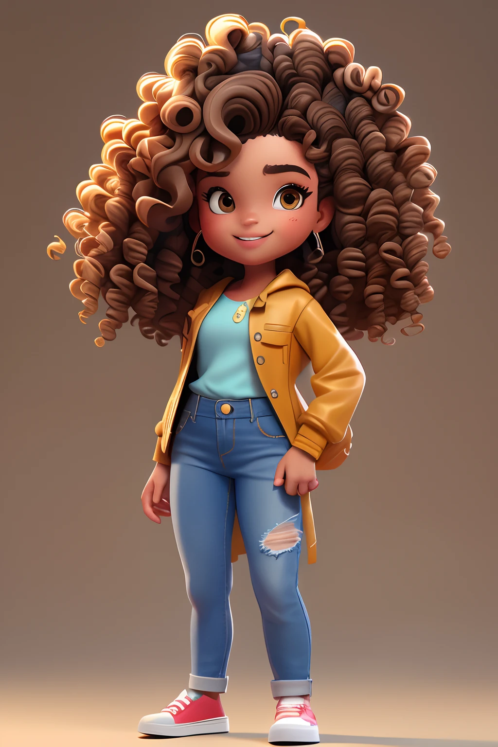 3DCHARACTER, 1 , adult  woman, hazelnut eyes, long curly black hair, (((curly hair))),, (((Brown skin))), Denim Jeans Pants, white  shirt, (fully body: 1.2), simple background, Masterpiece artwork, best qualityer, flower without booth, (light plum gradient background: 1.1)