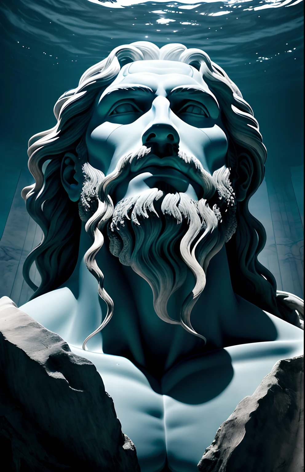 a magnificent and imposing vision of Poseidon, God of the seas in Greek mythology, Greek mythology, Historia de Grecia, Fabulous vision, imponente, fantastical realism, Detalles intrincados, Mejor imagen, realismo, a high definition, Obra maestra.