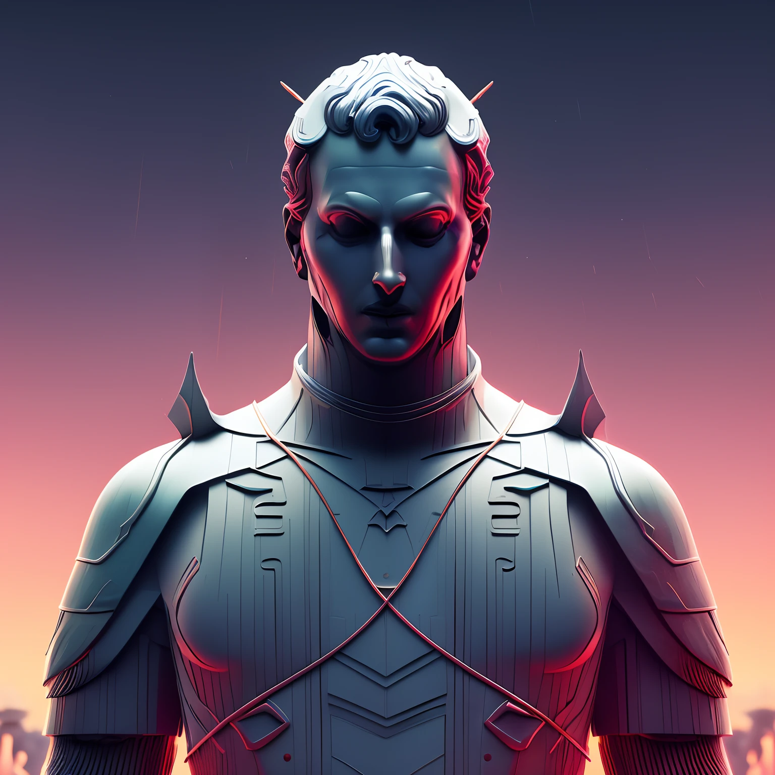 close-up of a statue with lines sticking out of it, por Mike Winkelmann, holografia, vaporwave!, octan render, deus grego, cego, dark romano, Stoic attitude