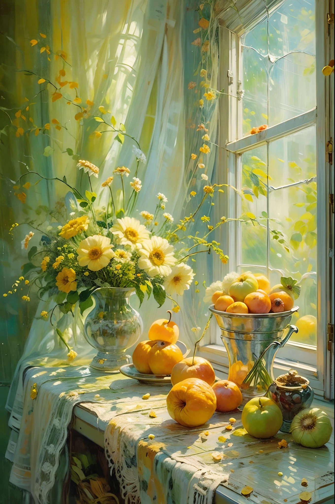 oil painting still life, vintage illustration of a window at the sunny day, iridescent light, soft light, rain drops, lacy curtains, flowers, fruits, dynamic light