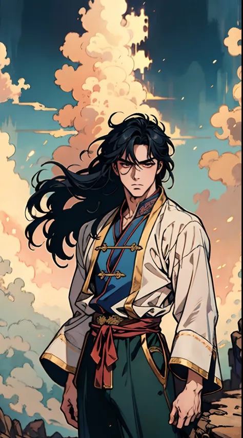 A man with disheveled long hair, a cascade of unruly locks, a handsome countenance, a carefree expression, tall and slender, wears a light-colored Chinese-style undershirt, over which he layers a loose dark-colored long daoist robe, long and wide sleeves, ...