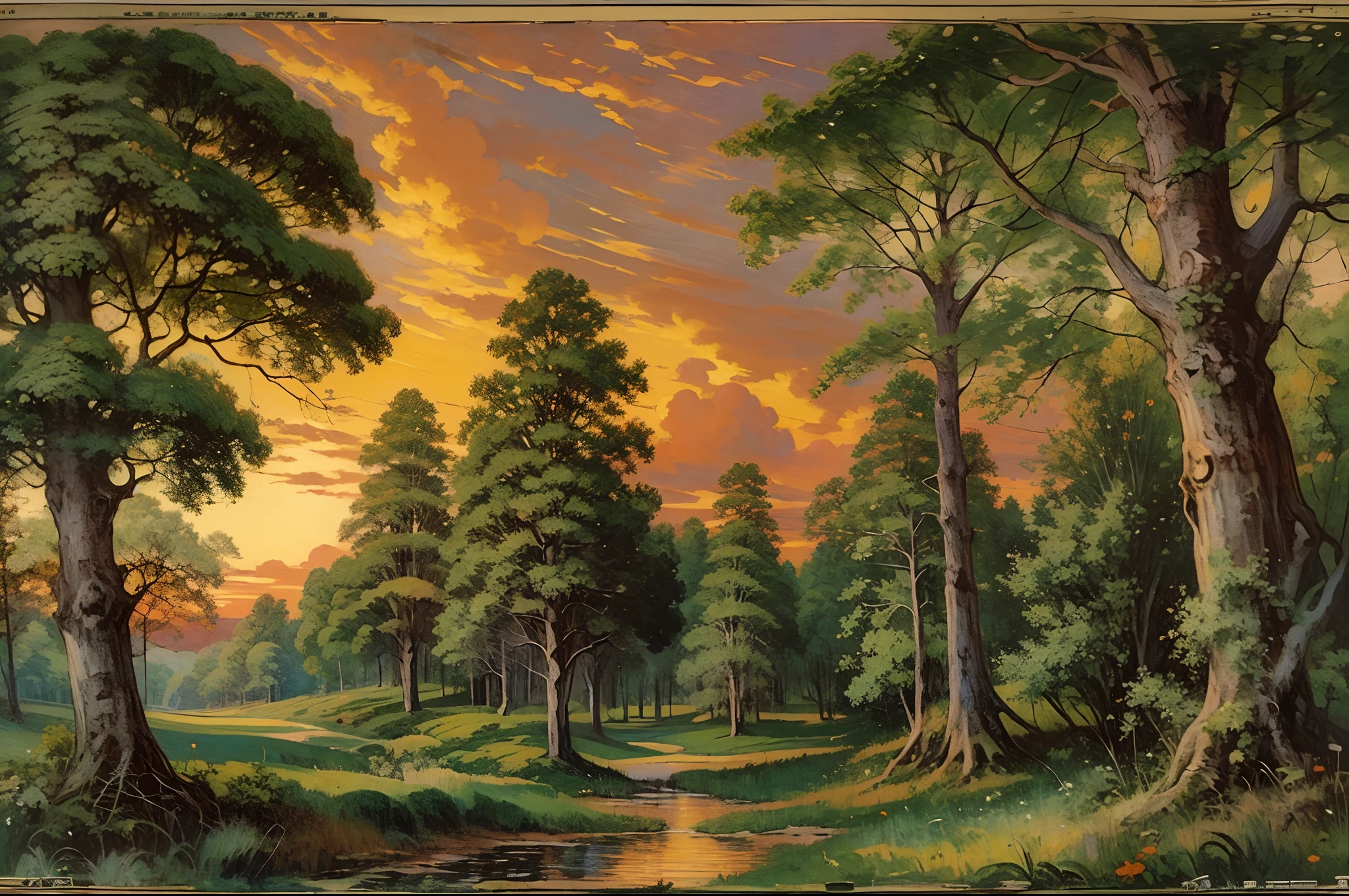 ((nobody)) Vintage Victorian style, Precise old encyclopedia (best quality:1.2), (detailed:1.2), (masterpiece:1.2), vintage illustrations of a forest at the sunset, pine forest, red sky, fluffy clouds, autumn forest, orange trees