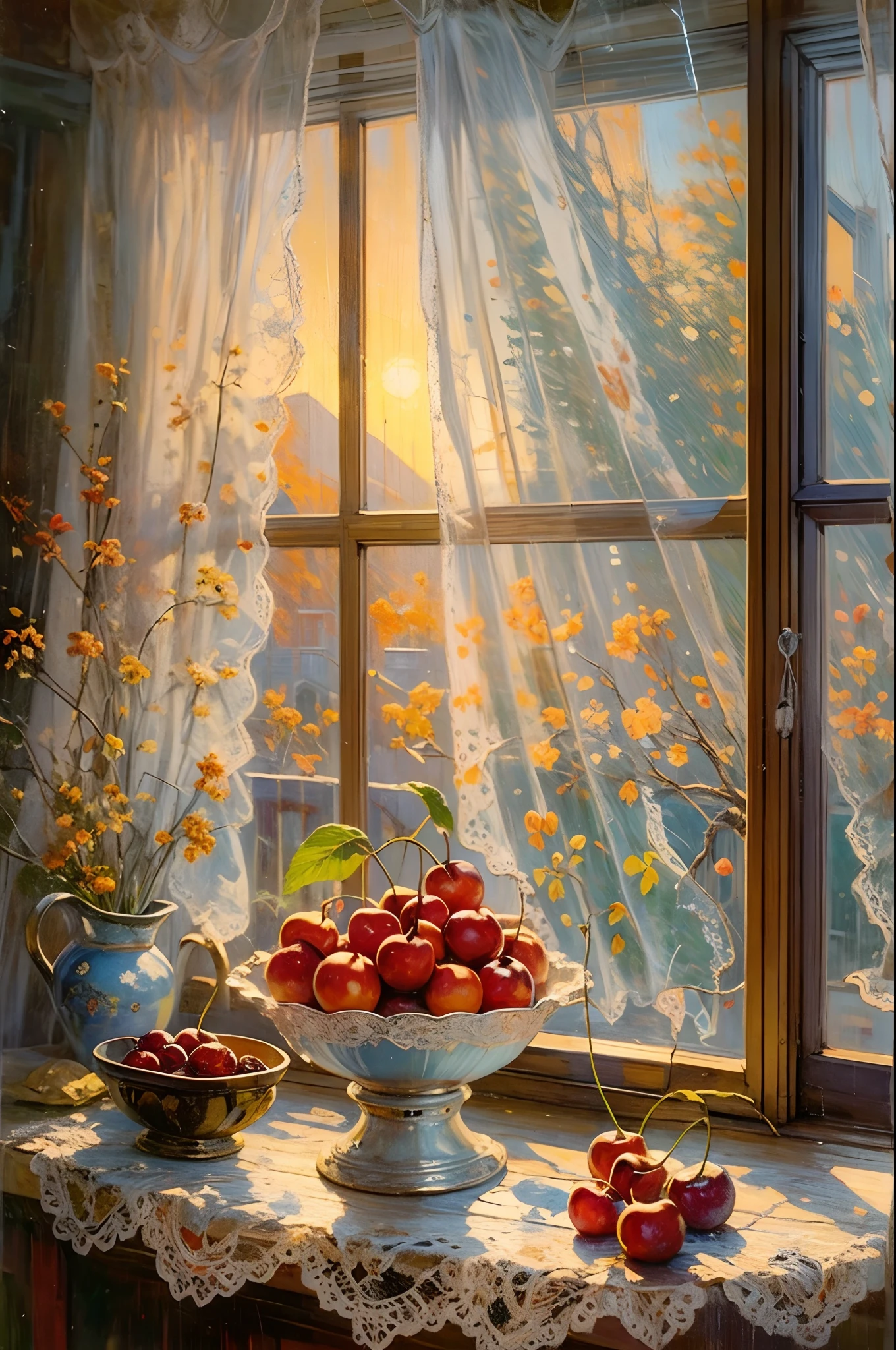 oil painting still life, vintage illustration of a window at the sunset, iridescent light, soft light, rain drops, lacy curtains, bowl of cherries, cherry, dynamic light