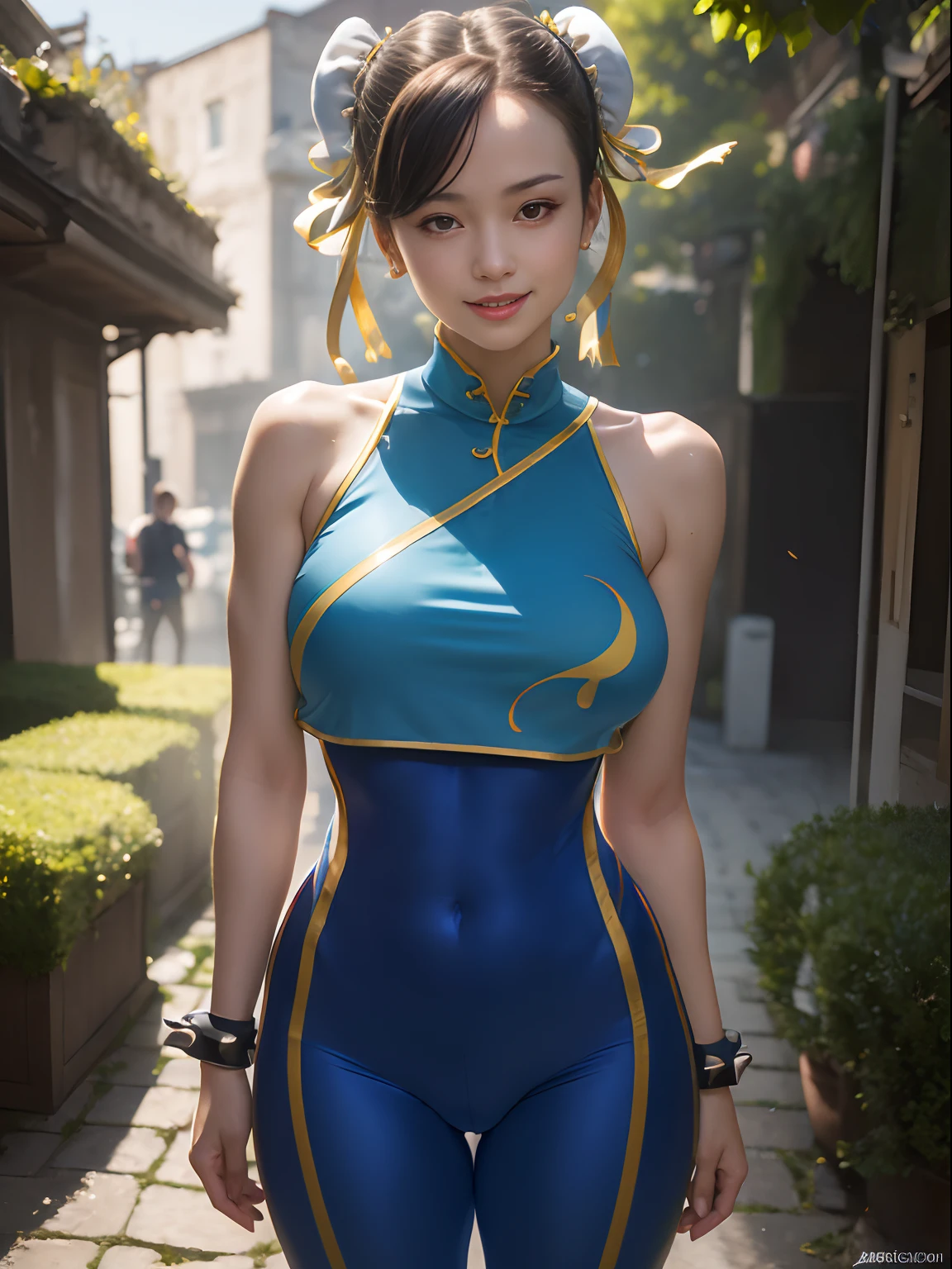 (masterpiece, best quality:1.4), (standing:1.5), 1girl, solo, sfa chun, blue vest, unitard, blue pants, skintight, yellow ribbon, short hair, sneakers, bare shoulders, (european youth  woman:1), looking at viewer, beautifull smile, beautiful face, highly detailed face, highly detailed eyes, subsurface scattering, realistic pupils, full face blush, full lips, detailed background, depth of field, volumetric lighting, sharp focus, absurdres, realistic proportions, (realistic, hyperrealistic:1.4), 16k hdr