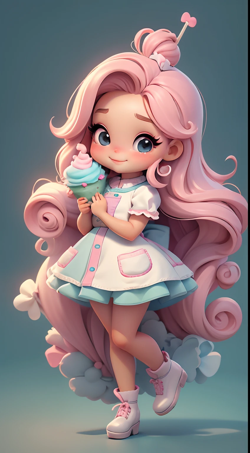 Create a series of cute baby chibi style dolls with a cute candyland chef theme, each with lots of detail and in an 8K resolution. All dolls should follow the same candyland candy wallpaper pattern and be complete in the image, mostrando o (corpo inteiro, incluindo as pernas: 1.5)

Boneca candyland f: Chame-a de Marina. Ela deve ter cabelo pequeno em tom colorido pastel. Seus olhos devem ser grandes e expressivos, with long eyelashes and rosy cheeks. Sorriso delicado e branco. Sophie deve estar vestida com uma roupa colorida, pastel tones and sweet details. She should hold a candy in her hands. Certifique-se de adicionar detalhes nas roupas, such as buttons and pockets, sapato bonito

Certifique-se de adicionar sombras, texturas e detalhes nos cabelos, roupas, doces e chocolate em barra, to make them even more adorable and charming.