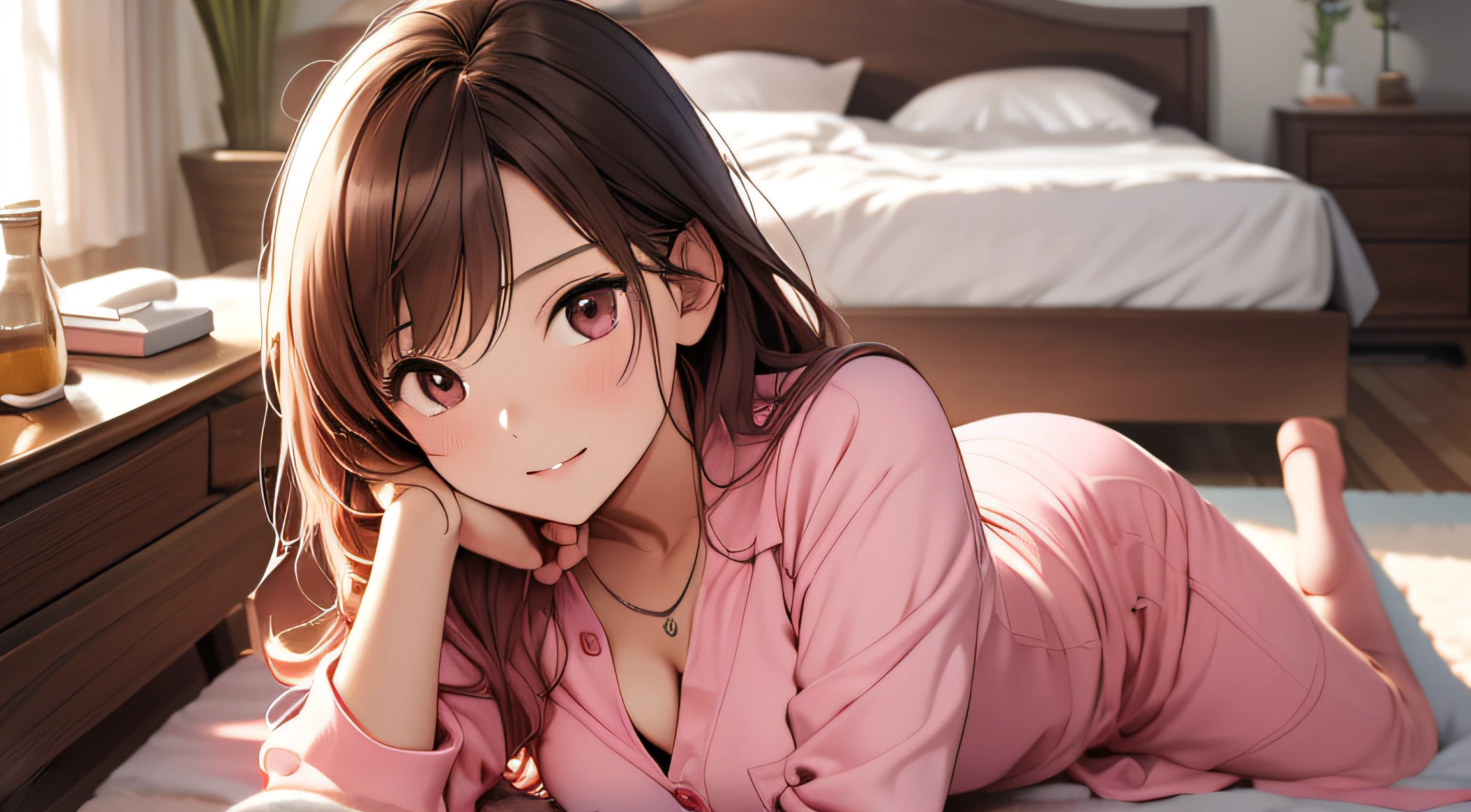 （A Certain Science Railgun、Seo Yeon Joo）、Brown skin、pink mini long sleeve shirt、（Medium hair in pink color）、Young、Cute、a beautifulchi girl、Perfect style、larjeBoobs、sexy legs, cute pose, smiling, Emphasizes cleavage、deadpan、realisic、Realistic、８ｋ、Heavily detailed、best quality、Top image quality、high-resolution、A masterpice、only girl、（The background is a mattress）、