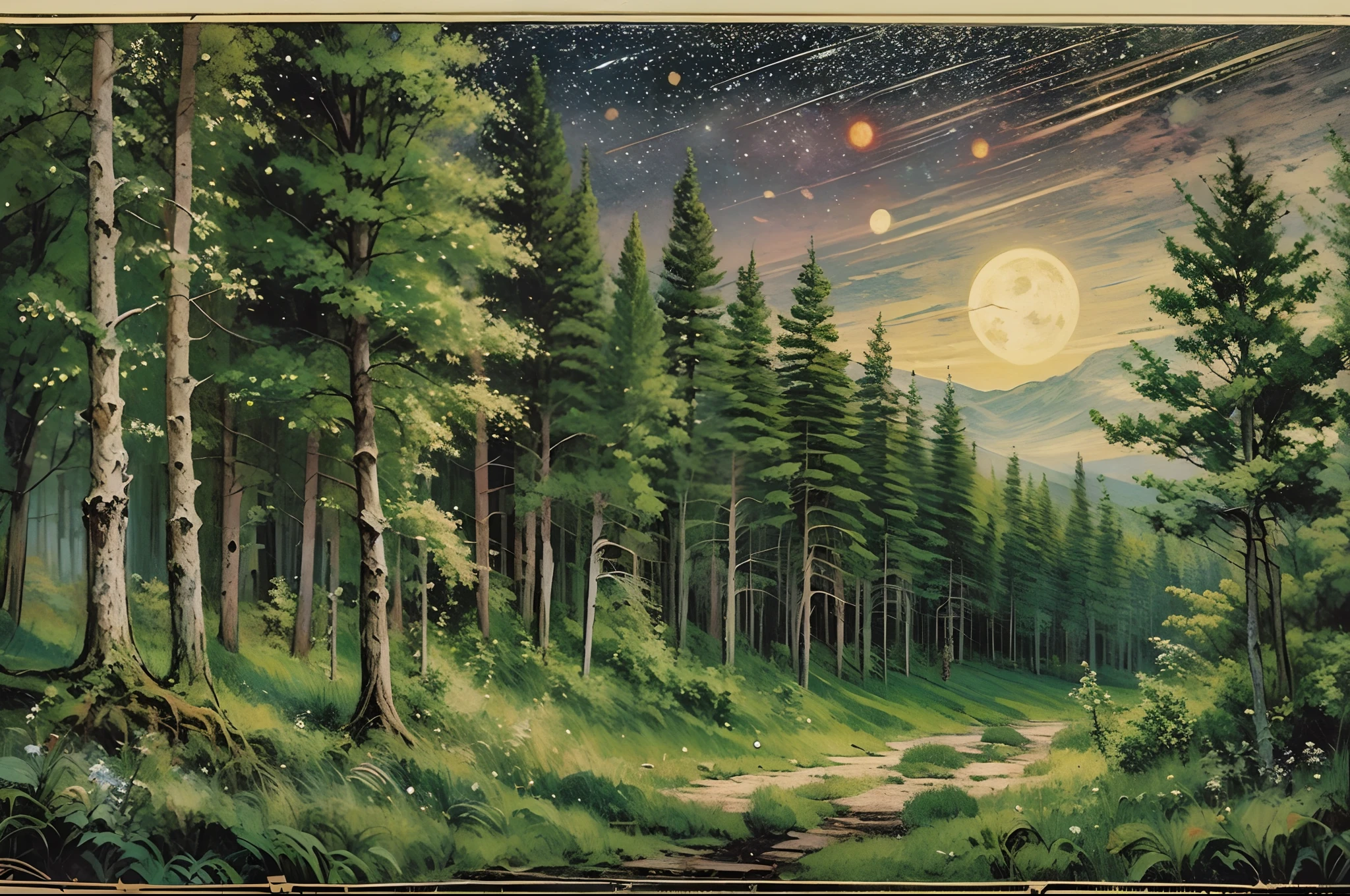 ((nobody)) Vintage Victorian style, Precise old encyclopedia (best quality:1.2), (detailed:1.2), (masterpiece:1.2), vintage illustrations of a pine forest at night, pine forest, black sky with stars and galaxies and comet