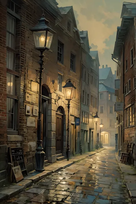oil painting still life, vintage illustration of an old european town street, fog, shadows, dark tones, soft glowing lanterns