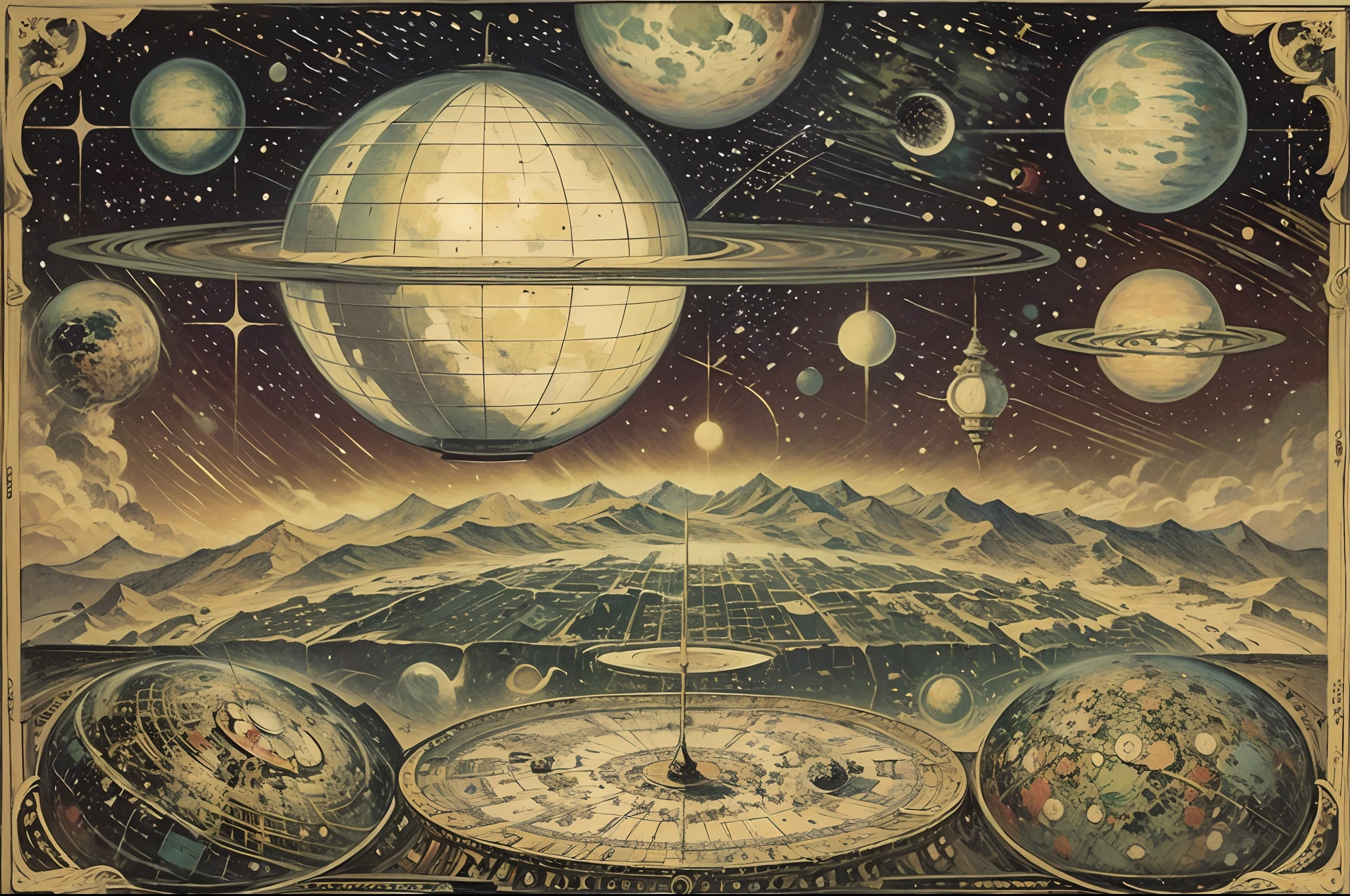 ((nobody)) Vintage Victorian style, Precise old encyclopedia (best quality:1.2), (detailed:1.2), (masterpiece:1.2), vintage illustrations of a map of the star sky and galaxies and planets and comets