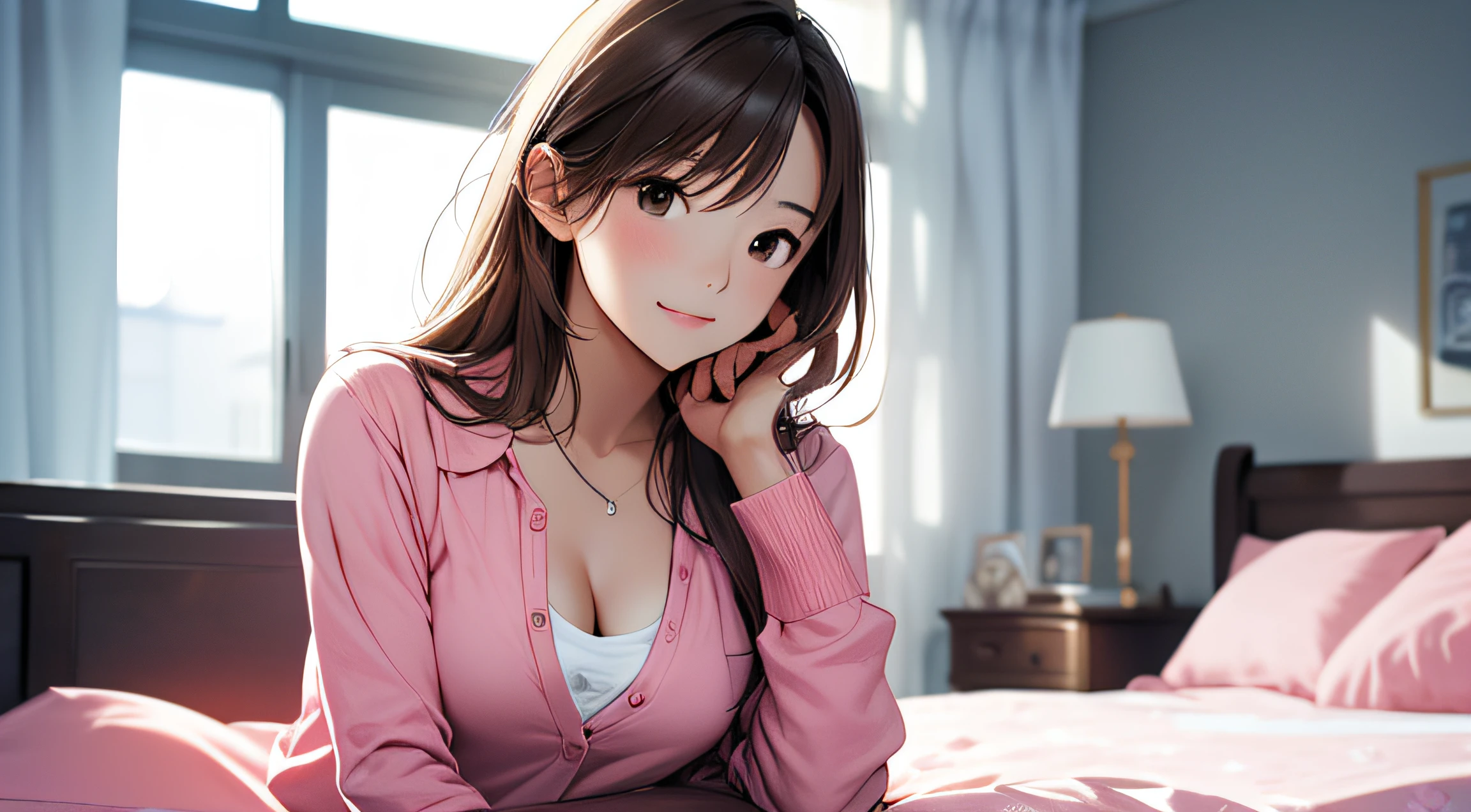 （A Certain Science Railgun、Seo Yeon Joo）、Brown skin、pink mini long sleeve shirt、（Medium hair in pink color）、Young、Cute、a beautifulchi girl、Perfect style、larjeBoobs、sexy legs, cute pose, smiling, Emphasizes cleavage、deadpan、realisic、Realistic、８ｋ、Heavily detailed、best quality、Top image quality、high-resolution、A masterpice、only girl、（The background is a mattress）、
