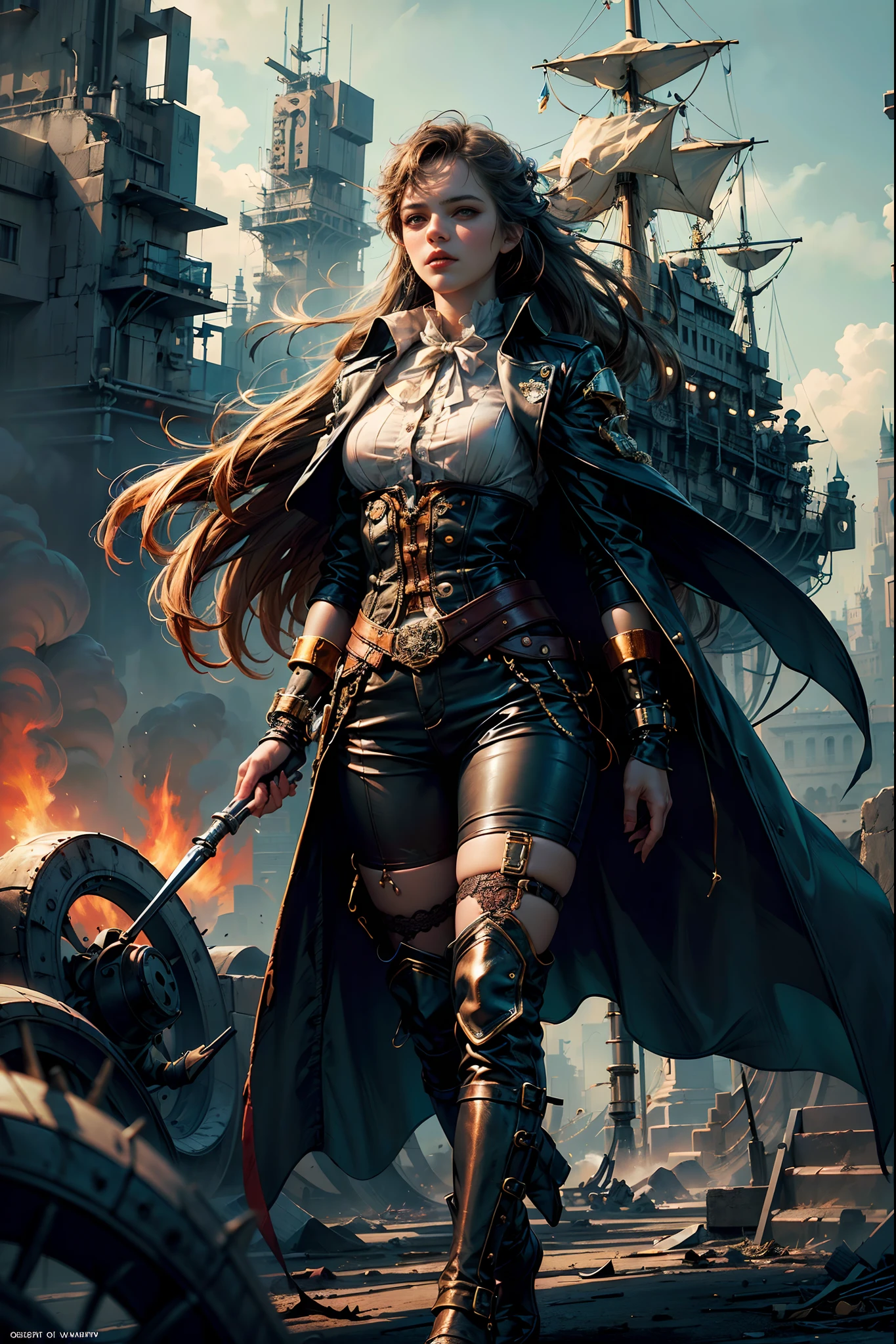 Ultra Resolution, Ultra detail, 8k , HDR, Ultra sharp,((top-quality)), ((​masterpiece)), ((realisitic)), (detailed), Reflective,een Emma Watson,steampunk girl,looking back at the camera,leather shorts,slender and graceful frame,inside pirate ship,helmet with goggles,(best quality,4k,8k,highres,masterpiece:1.2),ultra-detailed,(realistic,photorealistic,photo-realistic:1.37),hdr,UHD,studio lighting,ultra-fine painting,sharp focus,physically-based rendering,extreme detail description,professional,vivid colors,bokeh,portraits,landscape,horror,anime,sci-fi,photography,concept artists,vivid colors,bokeh,sepia tone,warm lighting,Full Body, steampunk fantasy style, steampunk girl, steampunk inventor girl, sci-fi steampunk, dieselpunk art style, steampunk pin-up girl, digital steampunk art, steam punk style, steam-punk, young girl in steampunk clothes, steampunk digital art, high quality steampunk art, steampunk