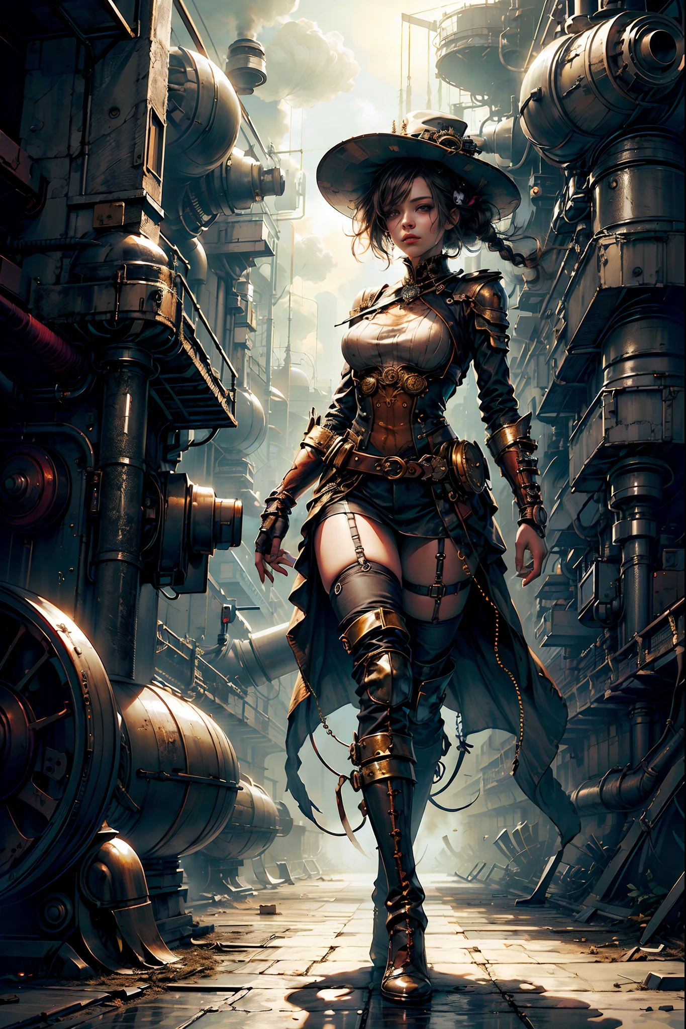 Ultra Resolution, Ultra detail, 8k , HDR, Ultra sharp,((top-quality)), ((​masterpiece)), ((realisitic)), (detailed), Reflective,there is a woman in a steam punk outfit posing for a picture,Full Body, steampunk fantasy style, steampunk girl, steampunk inventor girl, sci-fi steampunk, dieselpunk art style, steampunk pin-up girl, digital steampunk art, steam punk style, steam-punk, young girl in steampunk clothes, steampunk digital art, high quality steampunk art, steampunk