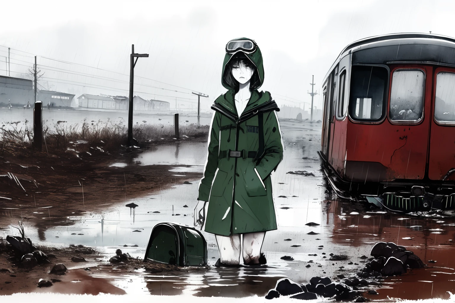 masterpiece, best quality, 2girls, (closeup), 18yo teen, slim, small breast, walk knee-deep in water, sad, tired, dirty face, green raincoat, hoods on, goggles on head, (backpacks), military pants, heavy rain, downpour, flood, wasteland, abandoned train station, grey, desolate, rain, dark, watercolor, sketch