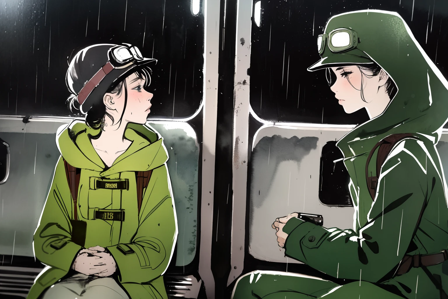 masterpiece, best quality, 2girls, (closeup), 18yo teen, slim, small breast, sitting inside the abandoned train, tired, dirty face, green raincoat,  goggles on head, (backpacks), heavy rain, downpour, abandoned train station, grey, desolate, rain, dark, watercolor, sketch