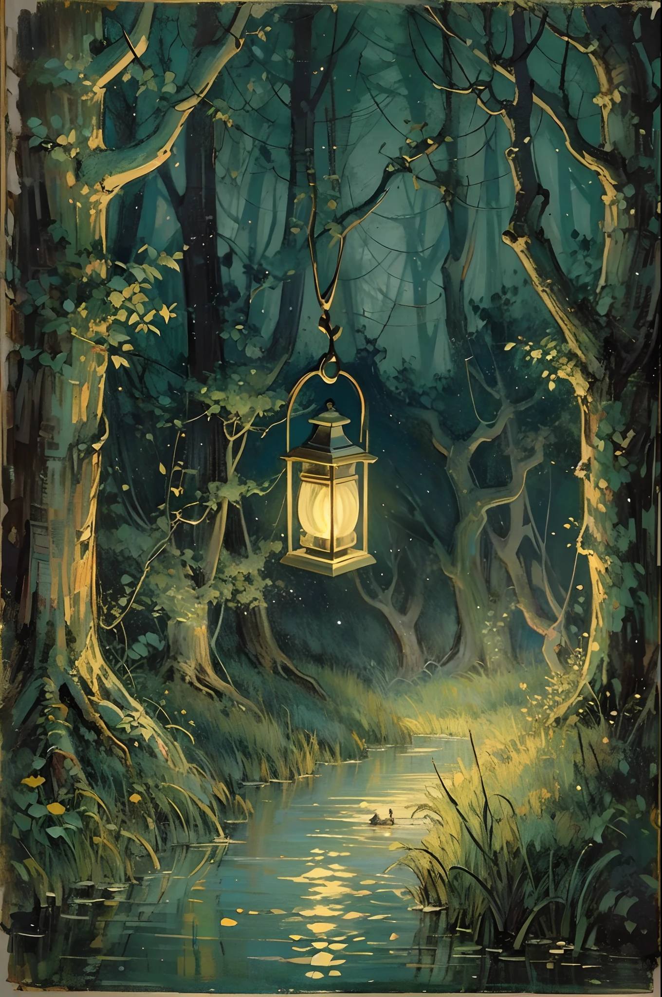 Vintage Victorian style, Precise old encyclopedia (best quality:1.2), (detailed:1.2), (masterpiece:1.2), vintage illustrations of a ghost with a lantern walking in a swampy forest at night, soft light, fireflies