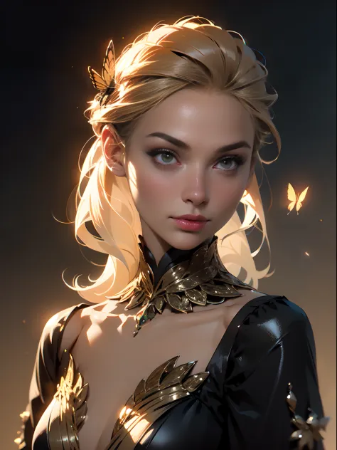 a woman ( she looks 30 years old), mature face, adult, tall, older than 20, with a bow on her head and a dress on her body, with a butterfly on her shoulder, Charlie Bowater, rossdraws global illumination, a character portrait, fantasy art,satin dress,, de...