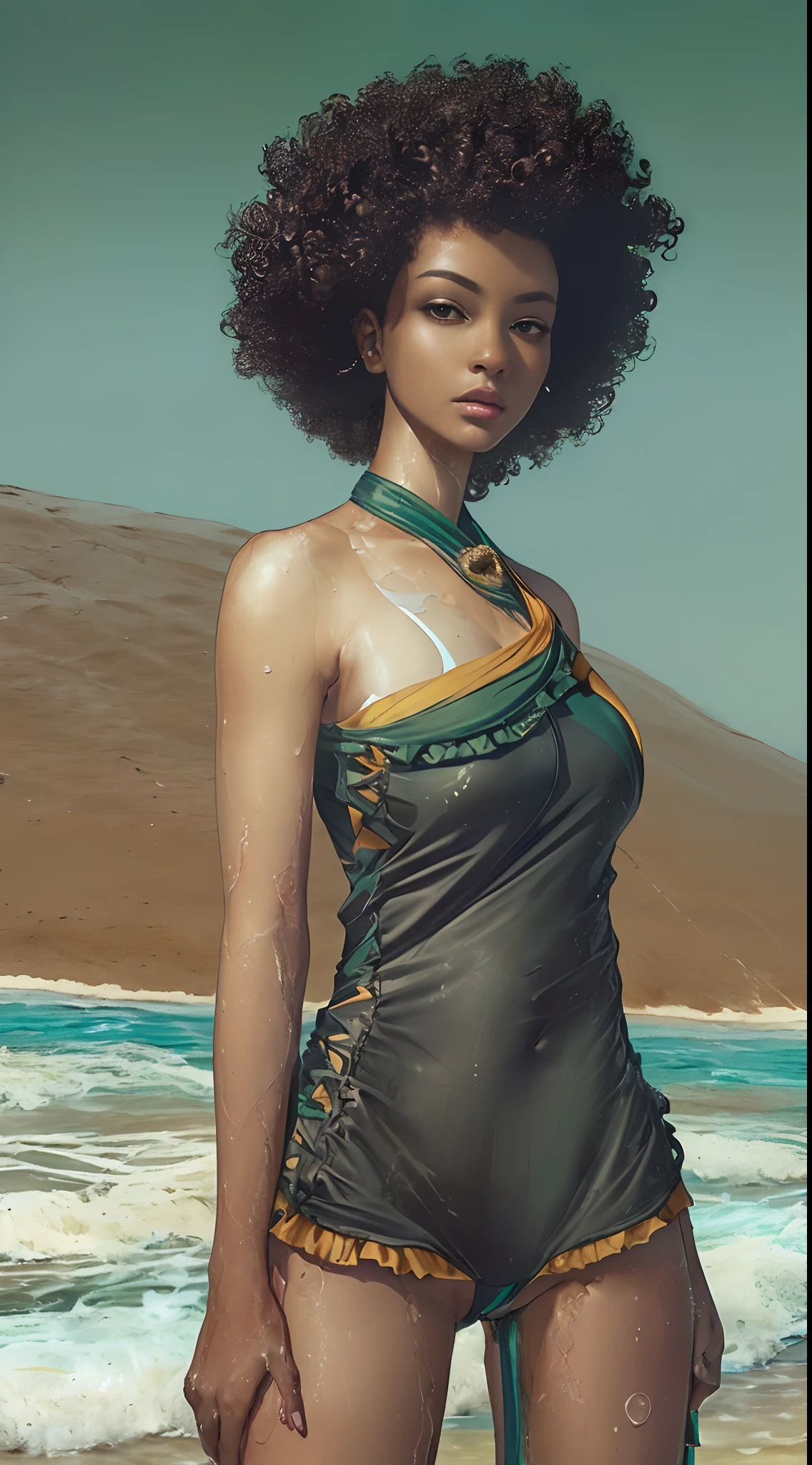 ((((Masterpiece, hiquality, absurdress) 1Woman, black hair, curly hair, Afro-curly hair, Green eyes, a perfect face, the perfect body, big breastes, short stature, very dark skin, 独奏, ((Best Quality)), ((Masterpiece)), (Detailed:1.4), Detailed eyes and face, letho, The sea, Beach, white sand, Sand dunes, bathing suit, swim in the sea, sunbathing on the beach