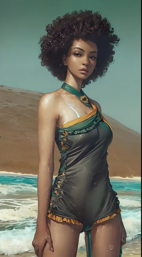 ((((masterpiece, hiquality, absurdress) 1woman, black hair, curly hair, afro-curly hair, green eyes, a perfect face, the perfect...