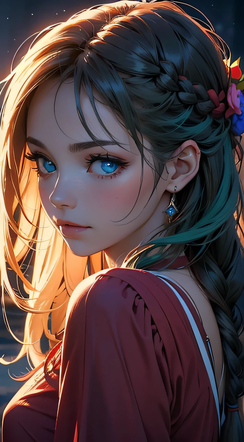 (masterpiece),best quality, cute girl, gorgeous, cute girl, perfect face, expressive eyes, (((extreme shading, semi-realistic, perfect light))), ((night, cozy, warm colors)), red dress, sensual, braid, detailed hair, amazing hair, 4k, stunning eyes, green hair, blue eyes, semi-realistic, gentle, feminine, delicate, ephemeral,(soft), ultra-detailed, vivid colors, abstract background, elegant, class, BREAK she is embarassed, she is blushing, she is beauitful, cute image, the image has dramatic light, the girl has soft hair