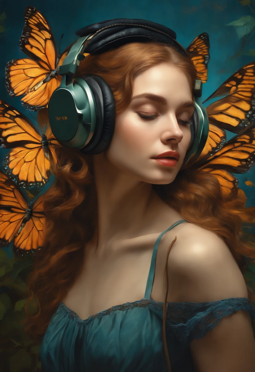 A woman with headphones and butterflies on her head SeaArt AI