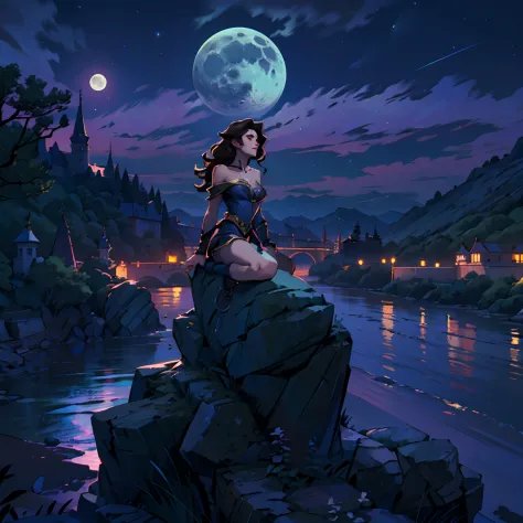 full shot of a captivating necromancer on top of a rock, bare shoulders, bare thighs, long wavy dark hair, breathtaking scenery,...