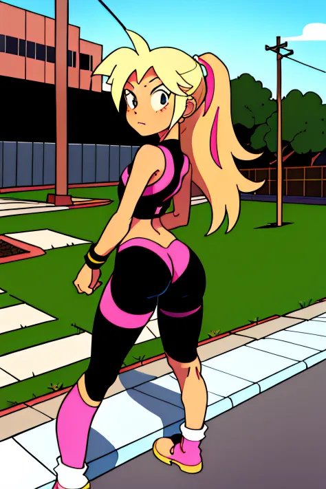 GameGirl , (blonde ponytail) with pink streak highlights, 80's anime style, (flat chest),  thighs, hips, small waist,  park bench, biker shorts,  cloudy day, near train tracks, bike rack, weak wilted plants, cracks in sidewalk, butterflies and daisies, sun...