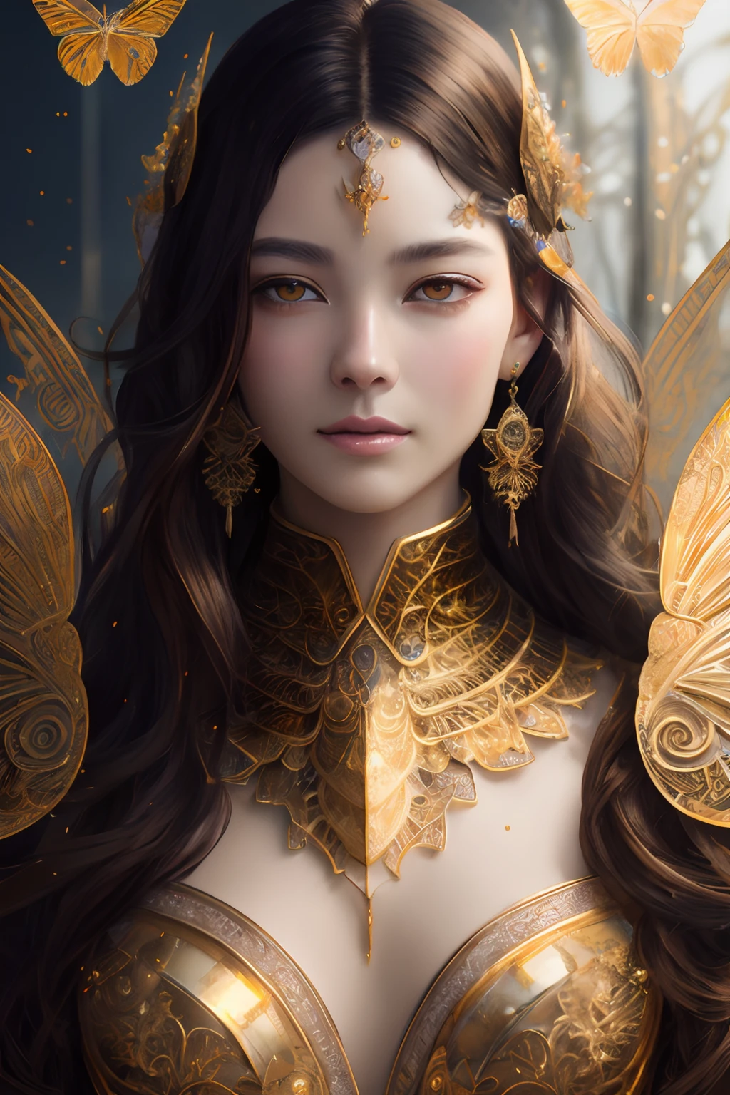 8k portrait of beautiful cyborg with brown hair, intricate, elegant, highly detailed, majestic, digital photography, art by artgerm and ruan jia and greg rutkowski surreal painting gold butterfly filigree, broken glasasterpiece, sidelighting, finely detailed beautiful eyes: 1.2), hdr, detailed skin, happy smile