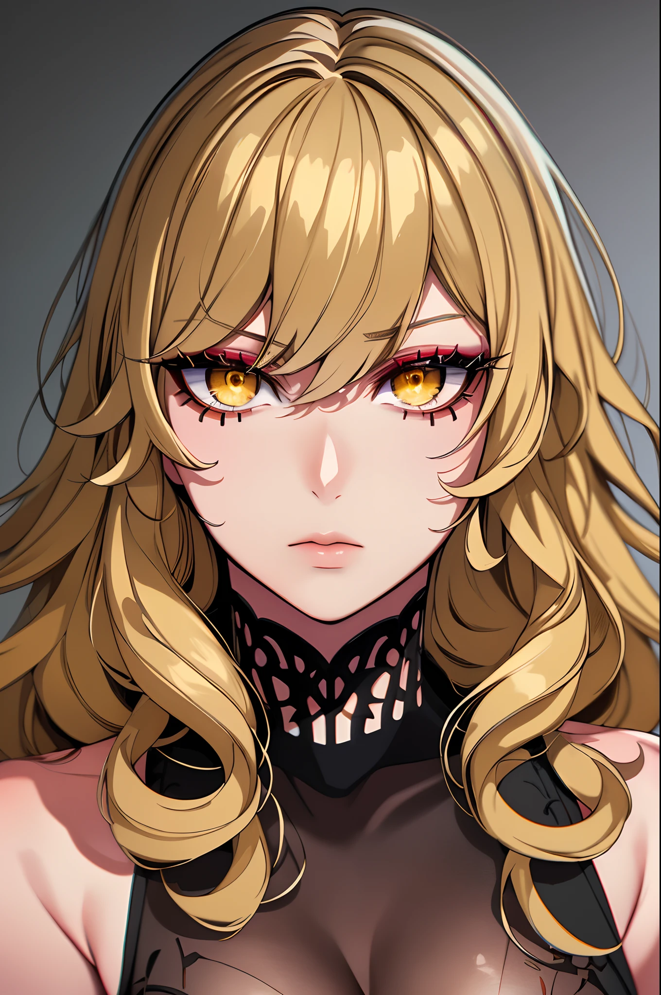 ((masterpiece)), ((ultra-detailed)), ((best quality)), ((intricate details)), ((chromatic aberration)), 1girl, (ringlets), makeup, black eyeliner, eyelashes, looking at viewer, blown hair, yellow eyes, (two-tone hair:1.2), (expressionless:1.2),