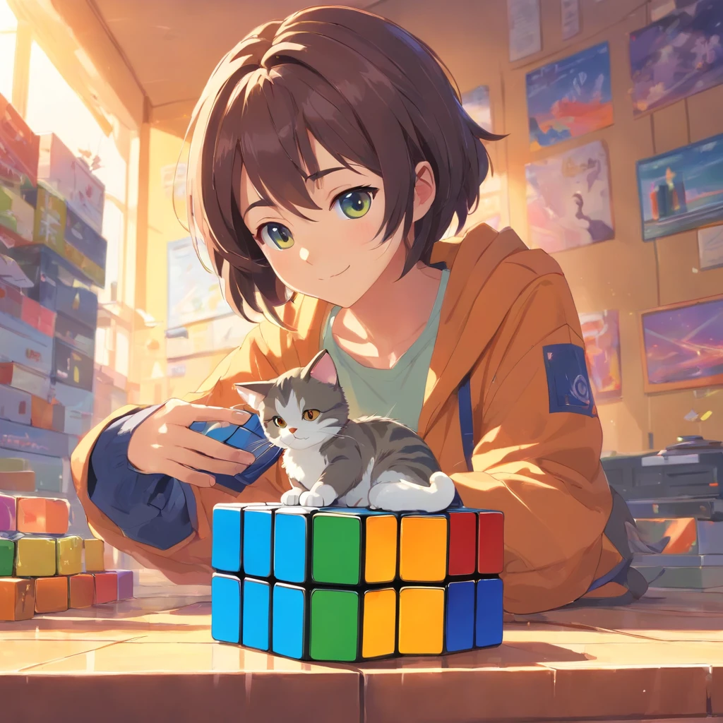 Anime girl with a cat sitting on a rubik cube - SeaArt AI