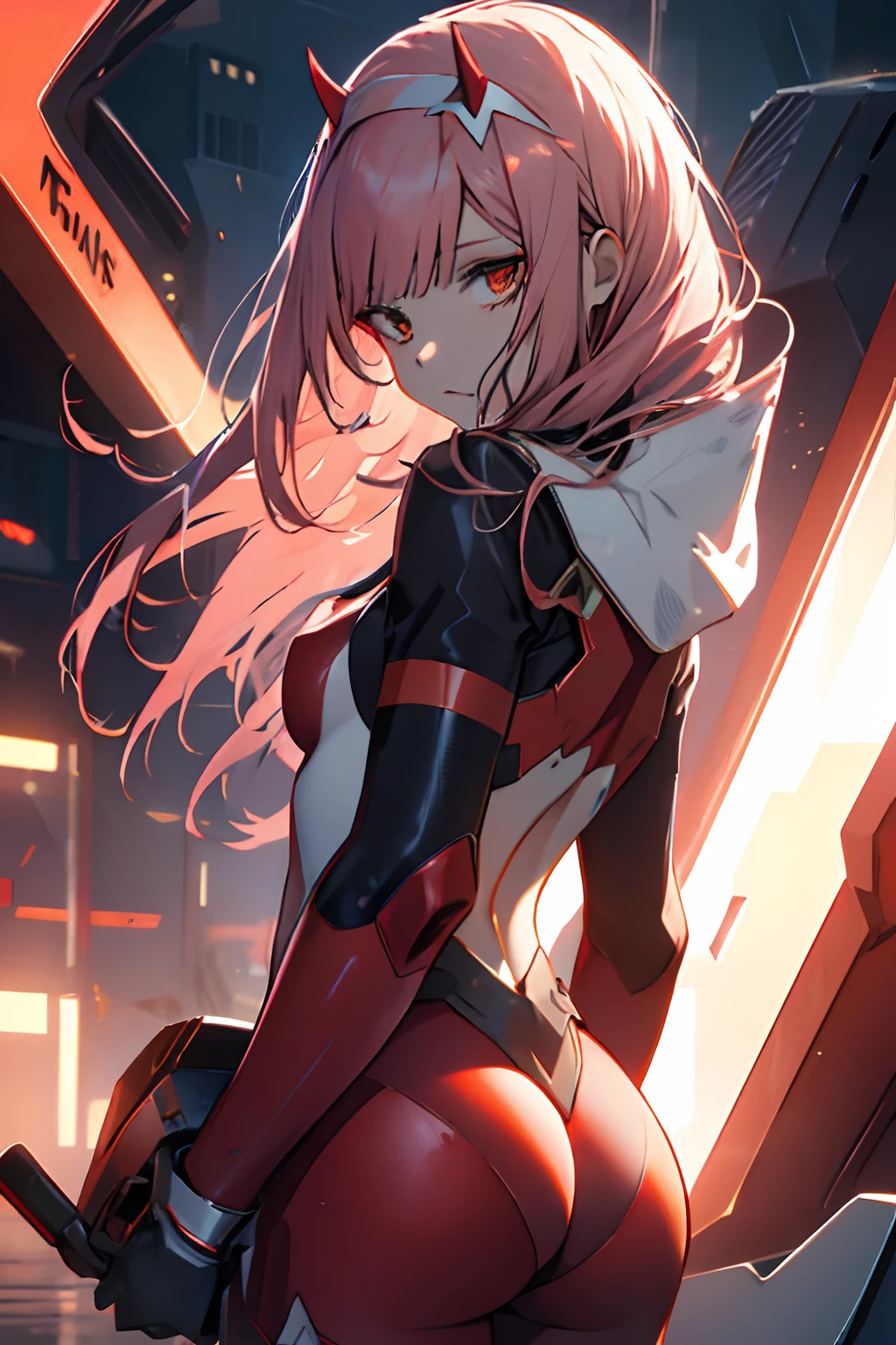 zero two \(darling in franxx\), darling in franxx, 1girl, bangs, bite, shadow, long hair, small breasts, large thighs, big ass, makeup, looking at the viewer, pair of small red horns, pink hair, pilot suit, red bodysuit, red eyeshadow, tight skin, solo, detailed background