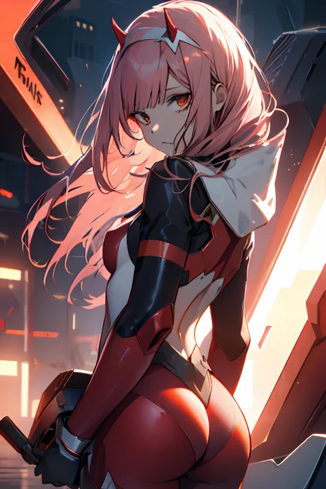 zero two \(darling in franxx\), darling in franxx, 1girl, bangs, bite, shadow, long hair, small breasts, large thighs, big ass, ...