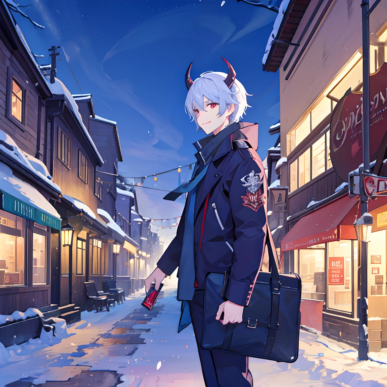 a cute demon guy enjoying winter in the city