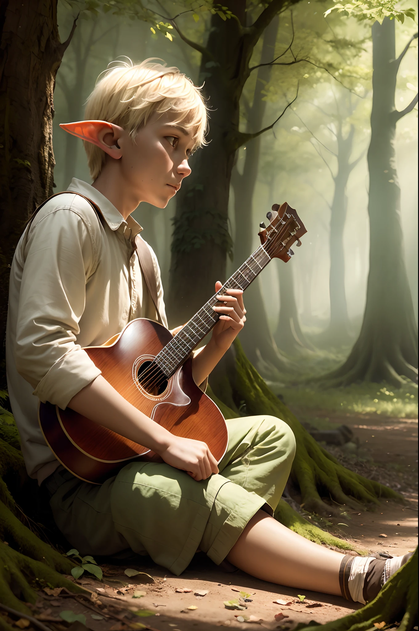 one person, 16 year old boy, Forest Gnome, sitting under a tree in a forest, playing an instrument:1.5, white skin, blonde hair, elf ears