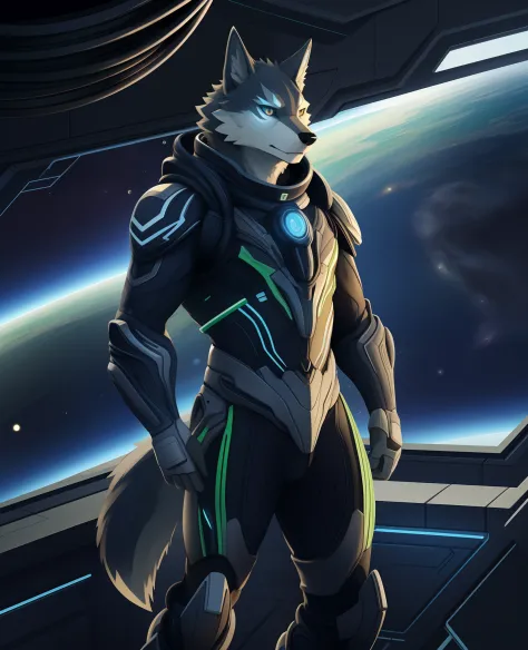 masterpiece, best quality, perfect anatomy, (detailed eyes:1.2), furry, (wolf), (domestic dog:0.8), male, solo, warframe, (cable...