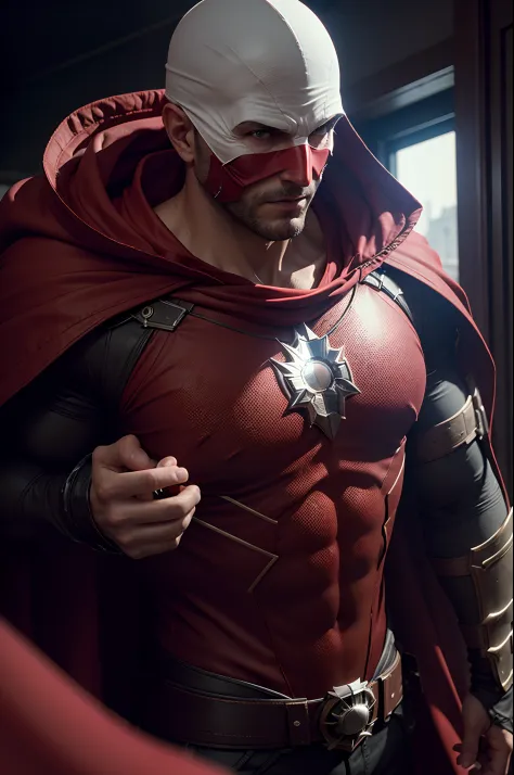 Arafed man in a red cape and a white mask with a red cape, Ciborgue morto-vivo masculino musculoso, Super Detailed Octane Render...