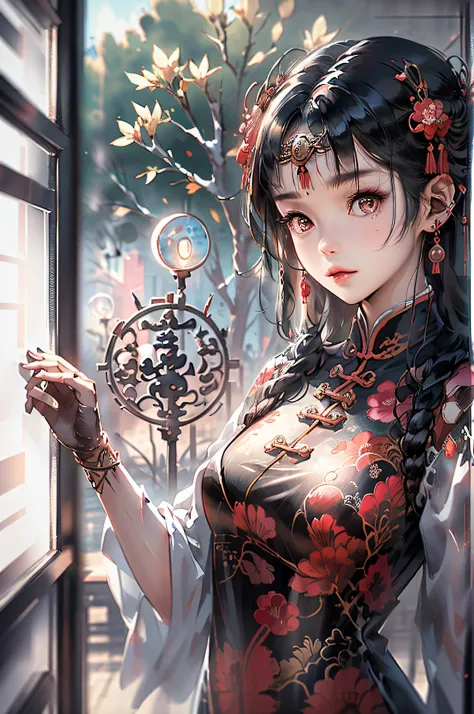Mural da menina chinesa,Olhos bonitos,Dance,corpo inteiroesbian,mitologia chinesa,flor,nuvens auspiciosas,tree,bird,heterochroma...