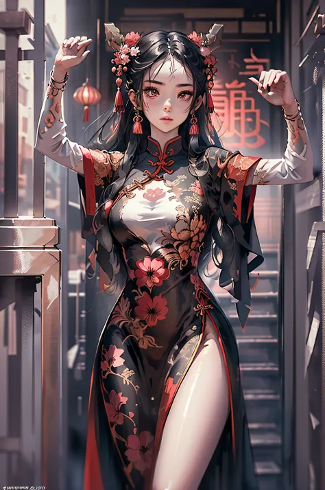 Mural da menina chinesa,Olhos bonitos,Dance,corpo inteiroesbian,mitologia chinesa,flor,nuvens auspiciosas,tree,bird,heterochroma...
