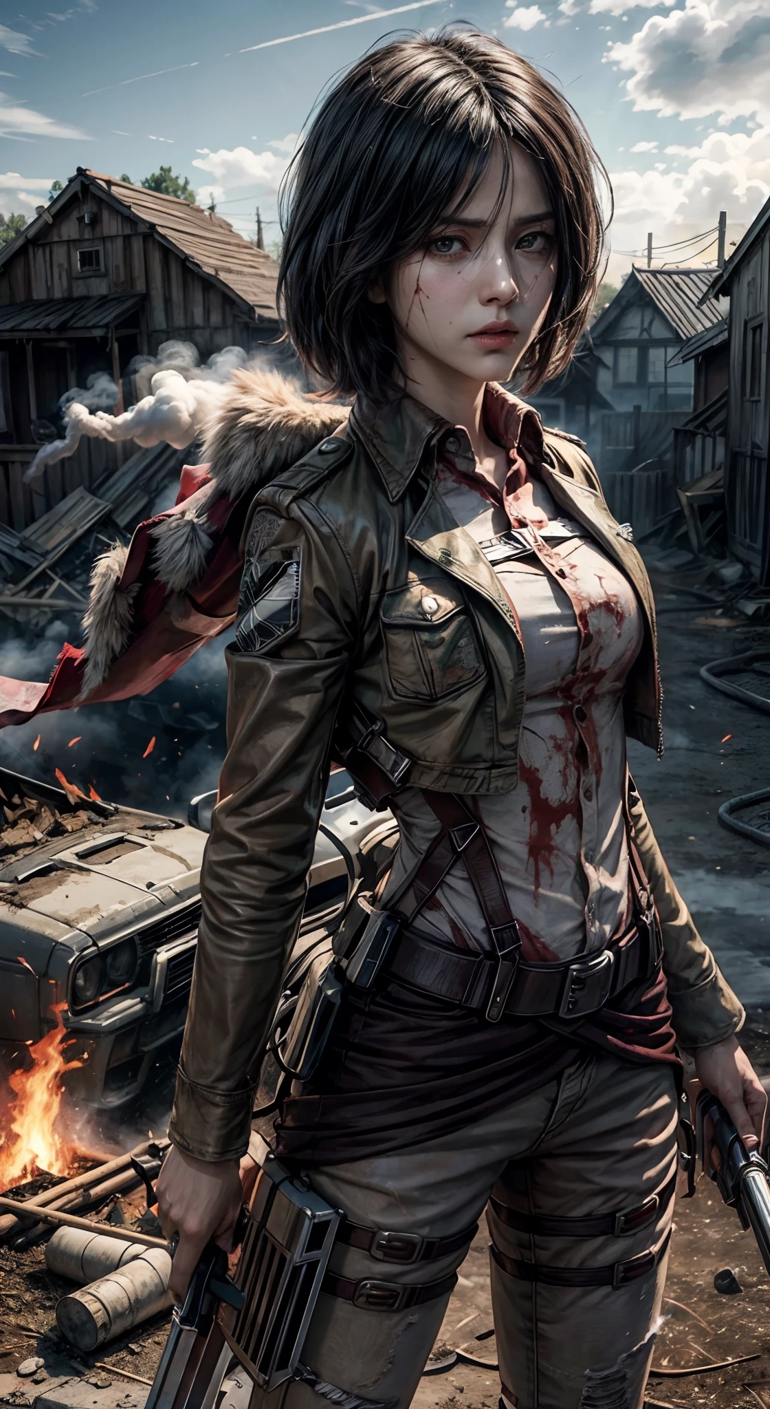 (masterpiece), (hyper realistic), Attack on Titan, Mikasa Ackerman, dinamic lighting, fire, dust, traces of blood on clothes, burning houses in the background, smoke,