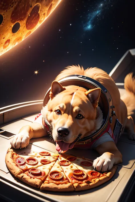a dog in space with golden hair eating pizza