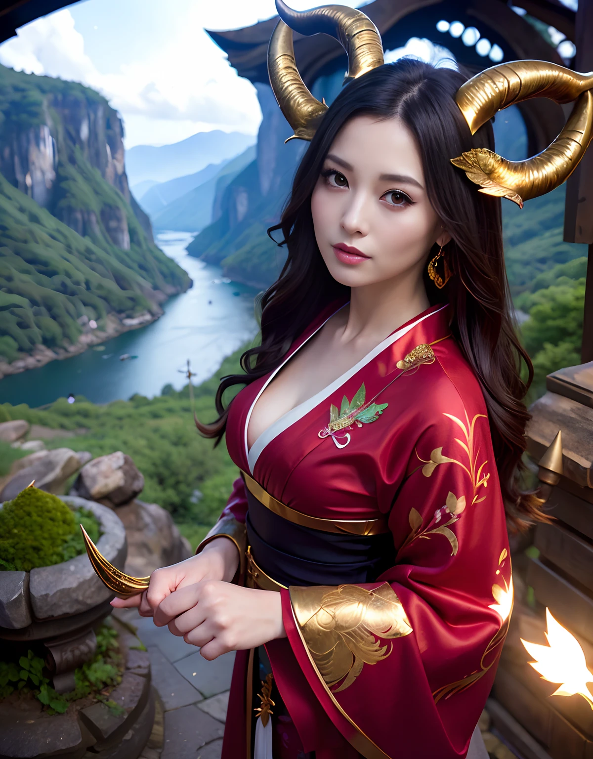 ((World of Darkness)),Professional , ​masterpiece、top-quality、photos realistic , depth of fields 、（sexypose）、(Red maple on full bloom background),（Ultimate Beauty）、A dark-haired、（shrine background)、（Kimono with beautiful pattern）、（Night background）、Beautiful hair ornament on the head、（（Precipitous cliffs））,(Wear a beautiful kimono),（Wear a beautiful kimono with colorful floral patterns）、Jewel Gold Weapon、Particles of light),(Wearing a wizard's hat）、Gorgeous gold weapons ,Castle background、（（ Gorgeous Dragon Sword）） , （a dark night）,,（maikurobikini） 、（（Black Haired Beautiful Girl））、（Castle background）、（demonic wings）、（（Gangle's forest background））、Beautiful Caucasian beauty、１a person、dynamic ungle,(((Two devil's horns on the head)))、Smaller head、Idle Smile、Thin and beautiful female handystical expression、Light Effects、intense fighting、Wind-effect、magic circles、With the legendary magic wand、Dragon's tail、