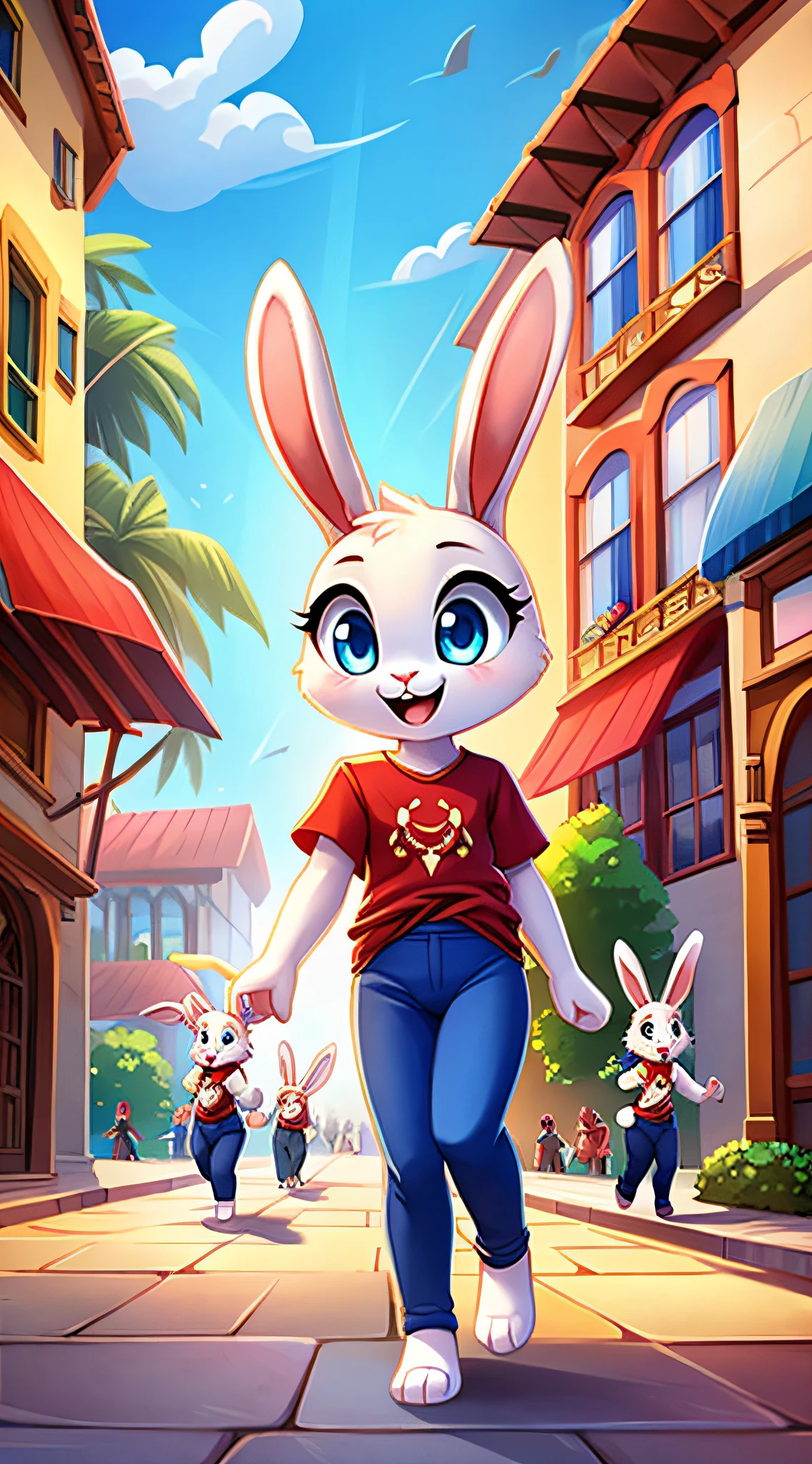 fantasy style art, cute, adorable, attractive, shot, small, tiny fluffy female white bunny with blue eyes, attractive figure, skinny and shapely body, fully clothed, chaste, 4 ears, 2 extra ears, big floppy ears, long ears, ears perked up, raised ears, long eyelashes, red t-shirt with flower design, ankle length blue jeans, walking down a crowded city street, big expressive smile, open mouth, wide eyes, looking on in wonder, excited eyes, excited face, street filled with anthropomorphic bunny people, many anthro bunnies, stunning visuals, sunny day, digital illustration