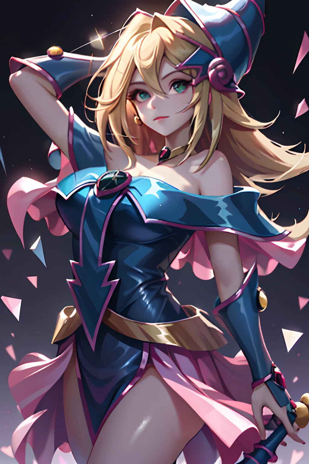 (Masterpiece, Best Quality; 1.3), Extremely detailed CG, ultra detailed, 1girl dark magician girl, Alone, SMILE, looking at the viewer, elegant ungle, long blonde hair, blue eyes,
SV1, uniforme de dark magician girl,  elbow gloves, tiara, Blond sailor collar, Red tie, orange choker, white gloves, jewelry, From above,
many hearts, facial focus, Venus, tornado, abstract background, storm of hearts, haert ray, heart bubbles, Heart balls, haert stars, Heart flowers, LIGHTS OF THE HEART, heart world, heart background, galaxy background, heart weapon, Aura of the heart, magic. Dark magician girl hot