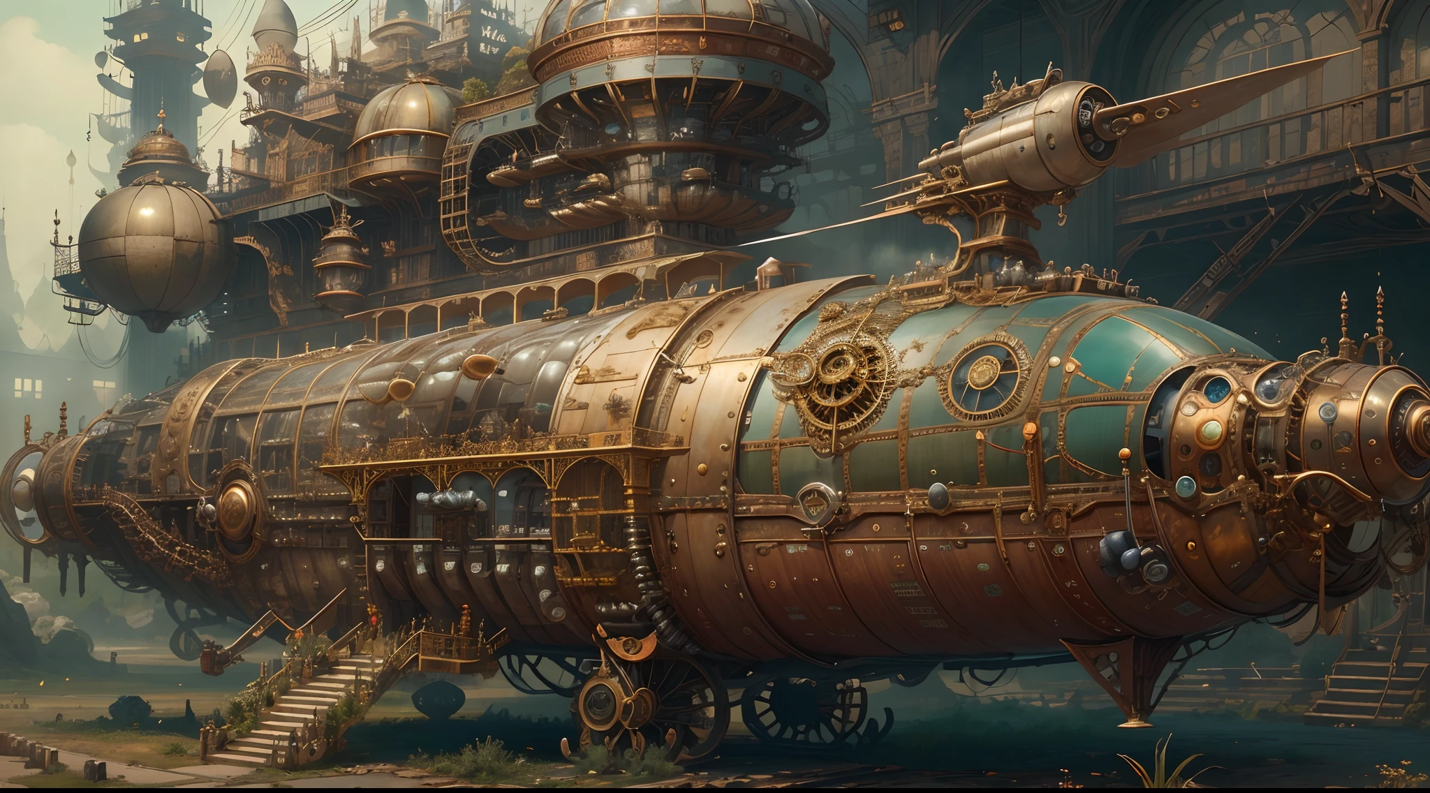 best qualtiy，tmasterpiece，Ultra-high resolution，（realisticlying：1.4），absurderes，1 best long shot photo of Mechanical Airship Manor，Fantasy sci-fi vehicles，hyper realisitc，steampunc，Complex design，insanely details，finely detailled，Steampunk AI，