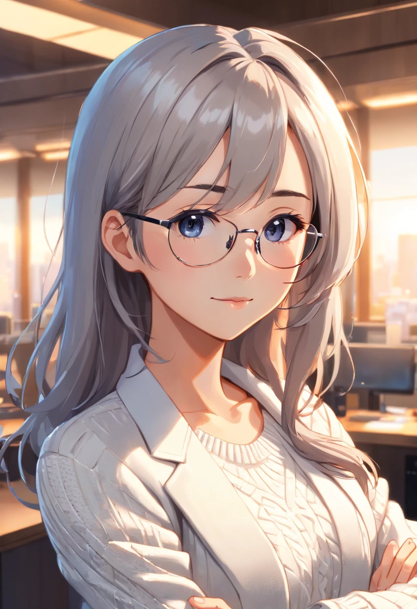 Anime girl with glasses and a sweater standing in an office - SeaArt AI